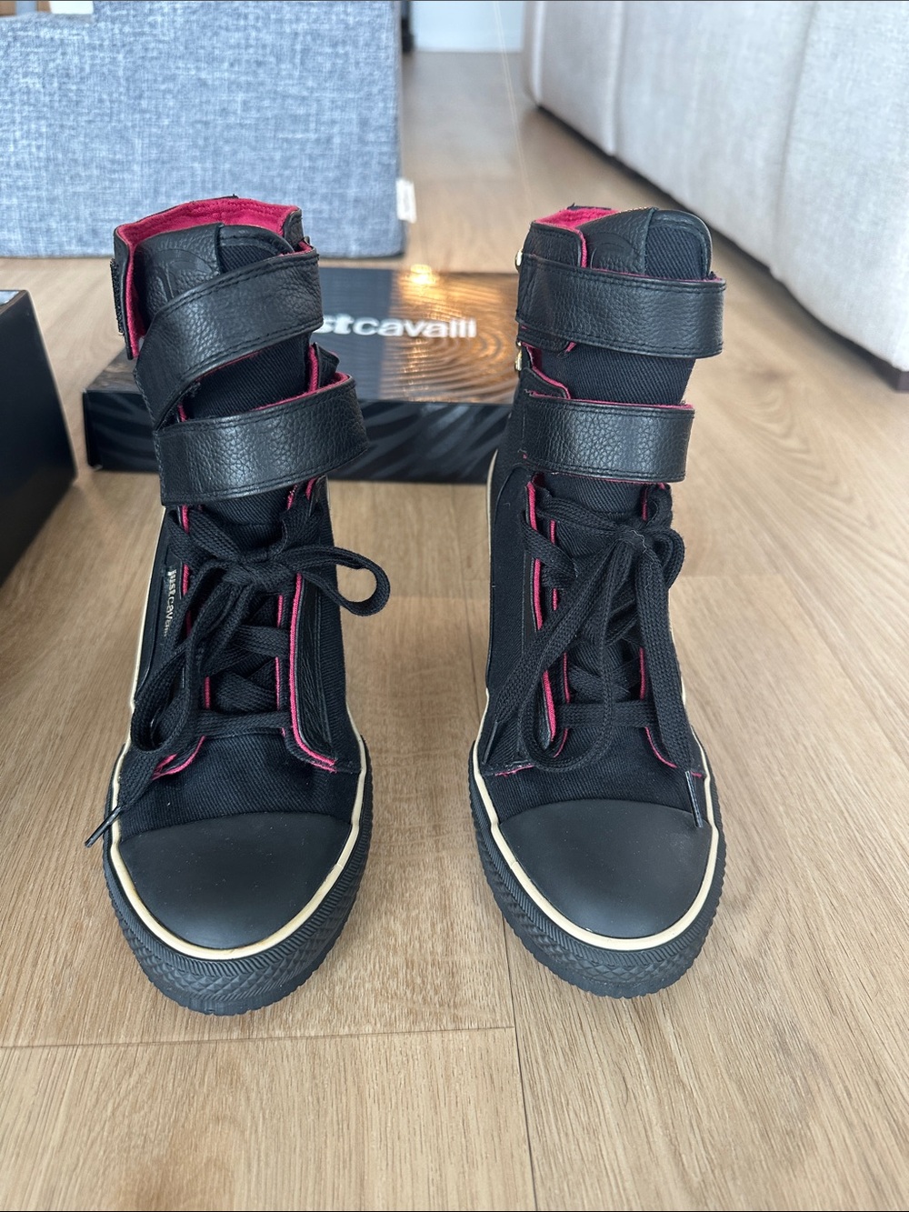 Just Cavalli Black Wedge High-Top Sneakers with Gold Studs and Pink Lining - Picture 5 of 6